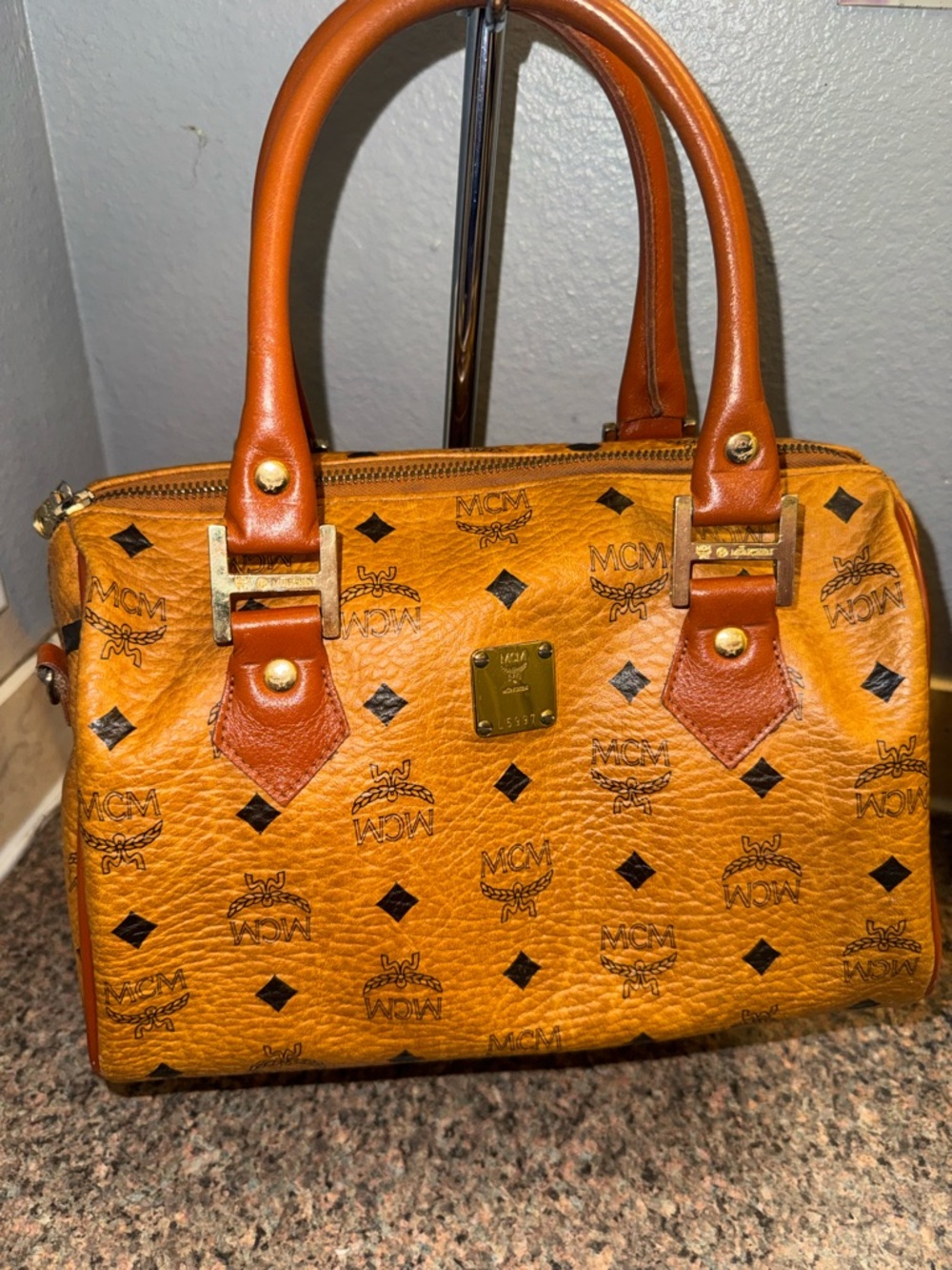 MCM Cognac Logo Visetos Satchel with cross body strap EUC